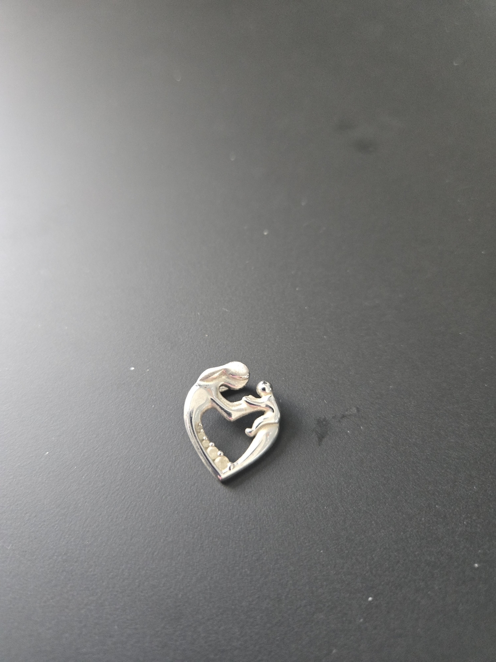 Vintage 10K White Gold Diamond Mother and Child Heart Pendant (Signed S&S)